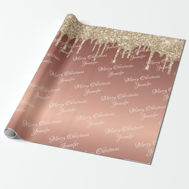 Rose Gold Glitter Dripping Christmas Name Script Wrapping Paper (Unrolled)