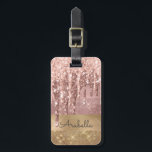 Rose Gold Glitter Dripping Gold Stripes Monogram Luggage Tag<br><div class="desc">Modern, luxury, rose gold glitter drips on gold and rose gold colour glitter stripes custom monogrammed luggage tag. This design features faux sparkle glitter stripes and brushed metal in gold, and blush pink rose gold colour glitter with name or monogram text template. Above light blush pink and rose gold glitter...</div>