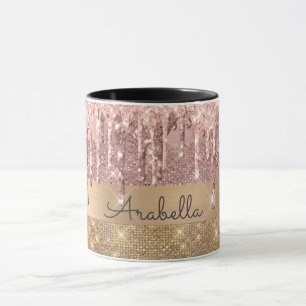 Rose Gold Glitter Dripping Gold Stripes Monogram Mug