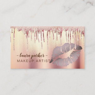 Rose Gold Glitter Dripping Lips Makeup Artist Business Card