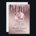 Rose Gold Glitter Drips 40th Surprise Birthday  In Invitation<br><div class="desc">An elegant 40 and fab 40th surprise birthday party invitation in a rose gold ombre metallic shimmer with glitter drips and script name typography with rose gold and glitter high heeled dancing shoes, florals and a string of pearls integrated into the design and type. A unique stylish invite for this...</div>