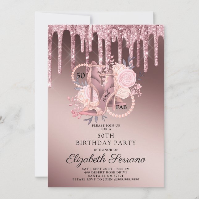 Rose Gold Glitter Drips 50th Birthday Invitation (Front)