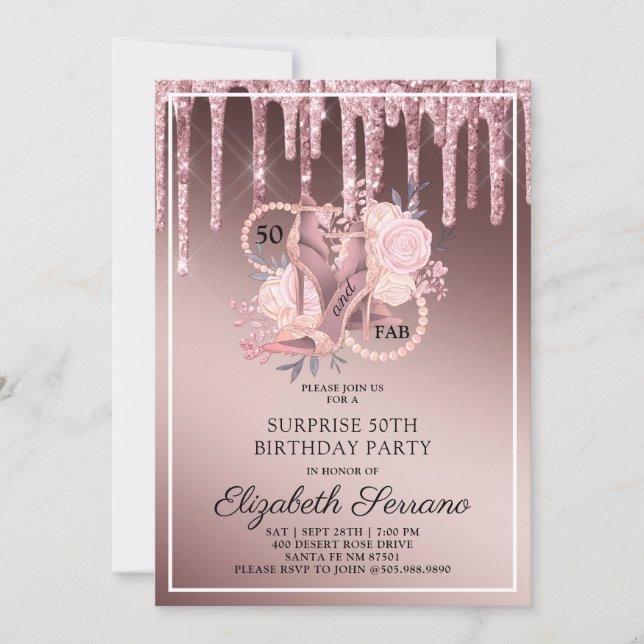 Rose Gold Glitter Drips 50th Birthday Surprise Invitation (Front)