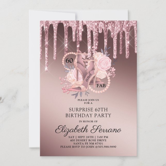 Rose Gold Glitter Drips 60th Birthday Surprise Invitation (Front)
