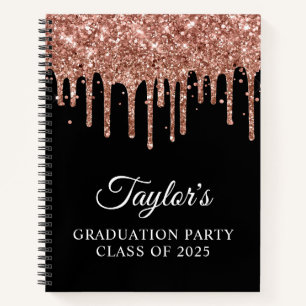 Rose Gold Glitter Drips and Black Graduation Guest Notebook