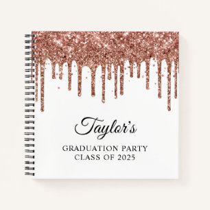 Rose Gold Glitter Drips and White Graduation Guest Notebook