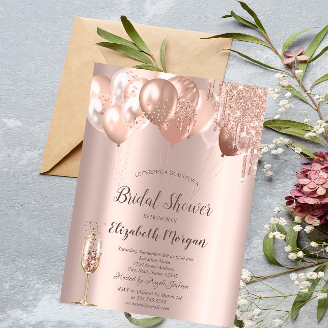 Rose Gold Glitter Drips Balloons Bridal Shower Invitation (Creator Uploaded)