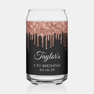 Rose Gold Glitter Drips Black 21st Birthday Can Glass