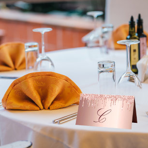 Rose gold glitter drips blush monogram initial place card