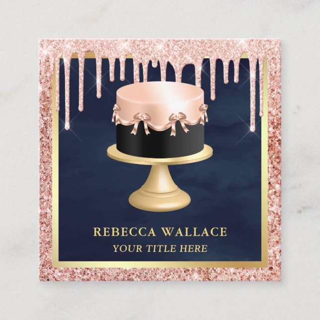 Rose Gold Glitter Drips Blush Pink Cake Bakery Square Business Card (Front)