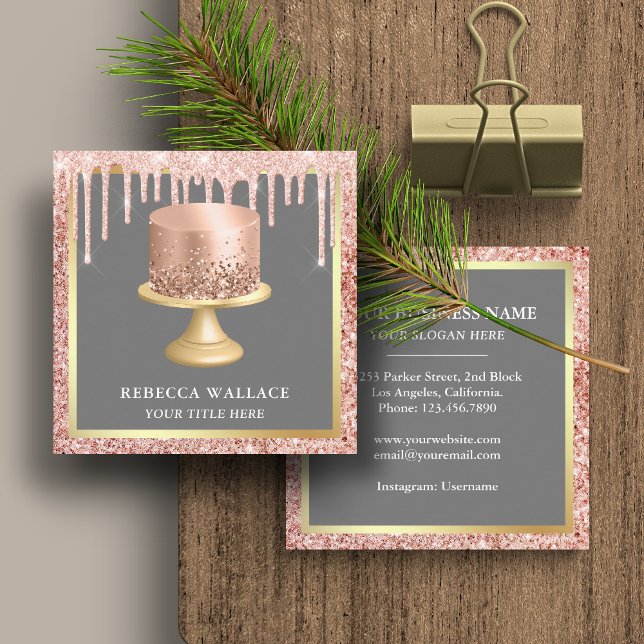 Rose Gold Glitter Drips Blush Pink Custom Cake Square Business Card (Creator Uploaded)