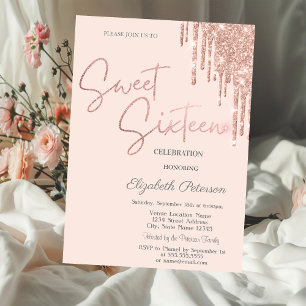 Rose Gold Glitter Drips Blush Pink Sweet 16 Invitation