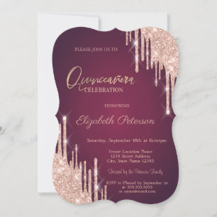 Rose Gold Glitter Drips Burgundy Quinceanera Invitation