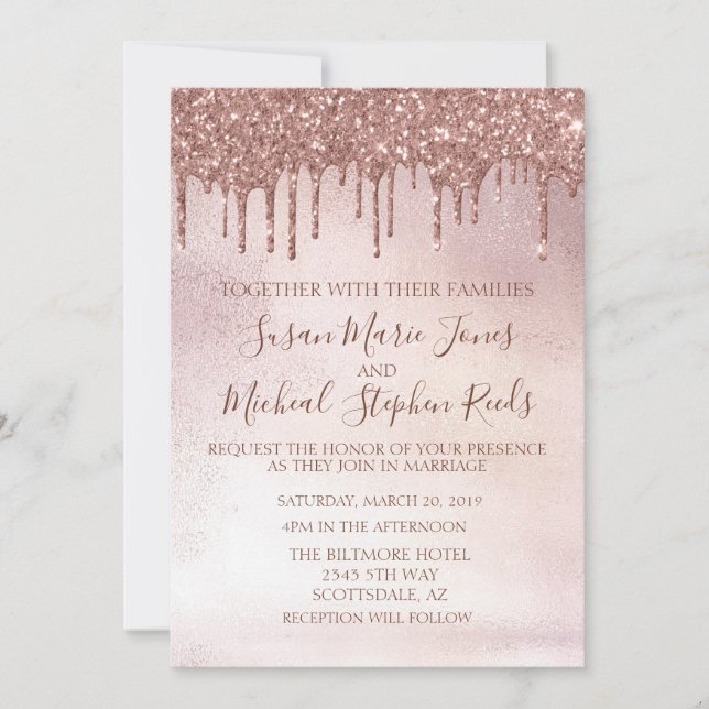 Rose Gold Glitter Drips  Calligraphy Wedding Invitation (Front)