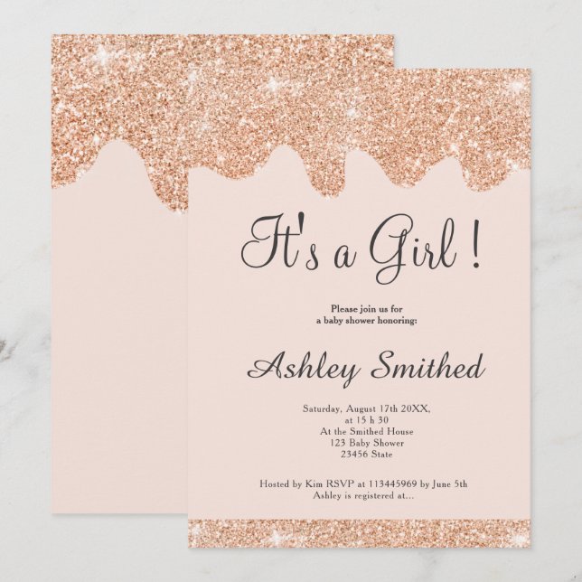 Rose gold glitter drips chic pink girl baby shower invitation (Front/Back)