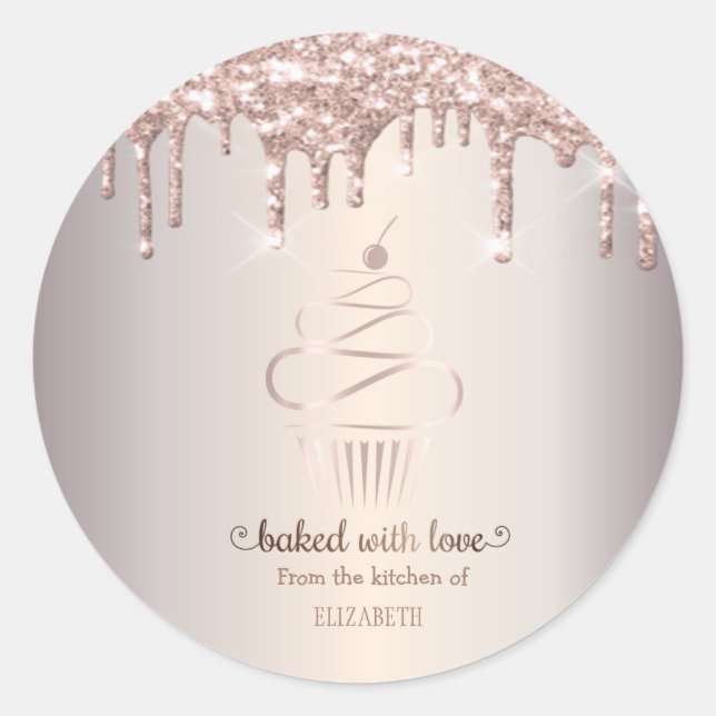 Rose Gold Glitter Drips Cupcake Bakery     Classic Round Sticker (Front)