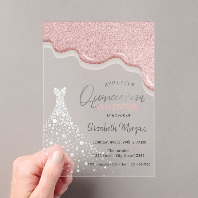 Rose Gold Glitter Drips Diamond Dress Quinceañera  Acrylic Invitations (Insitu (Handheld))
