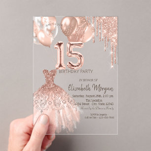 Rose Gold Glitter Drips Dress Balloons Quinceanera Acrylic Invitations