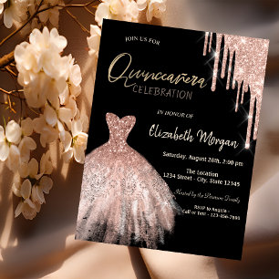 Rose Gold Glitter Drips Dress Black Quinceañera Invitation