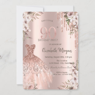 Rose Gold Glitter Drips Dress Floral 90th Birthday Invitation