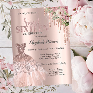 Rose Gold Glitter Drips,Dress Flowers Sweet 16 Invitation
