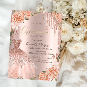 Rose Gold Glitter Drips Dress Peach Roses Invitation