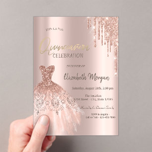 Rose Gold Glitter Drips Dress Quinceañera Acrylic Invitations
