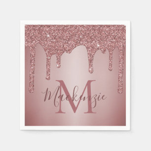 Rose Gold Glitter Drips Fashion Monogram Napkin