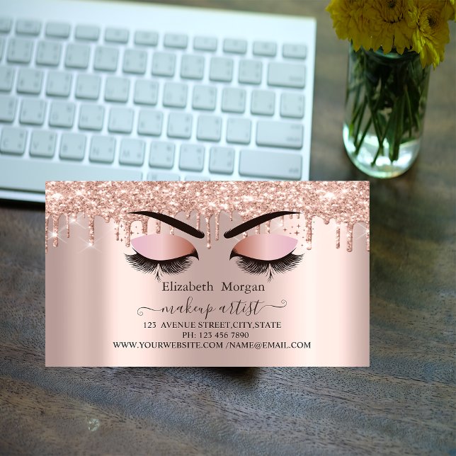 Rose Gold Glitter Drips Faux Lashes,Makeup Artist Magnetic Business Card (Creator Uploaded)