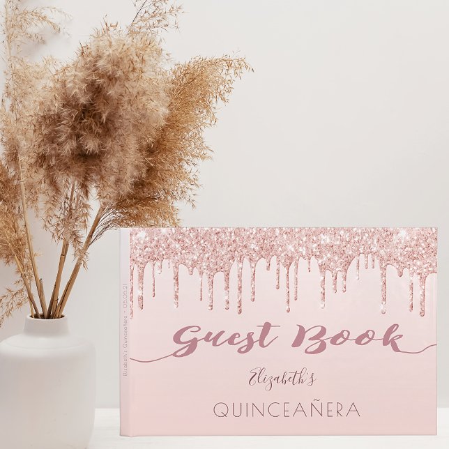Rose gold glitter drips glam Quinceanera Guest Book (Creator Uploaded)