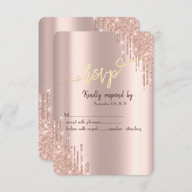 Rose Gold Glitter Drips Gold RSVP  Invitation (Front/Back)