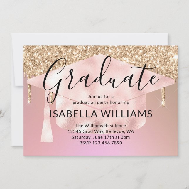Rose Gold Glitter Drips Graduation Party Invitation (Front)
