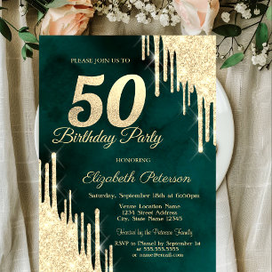 Rose Gold Glitter Drips Green 50th Birthday Party  Invitation