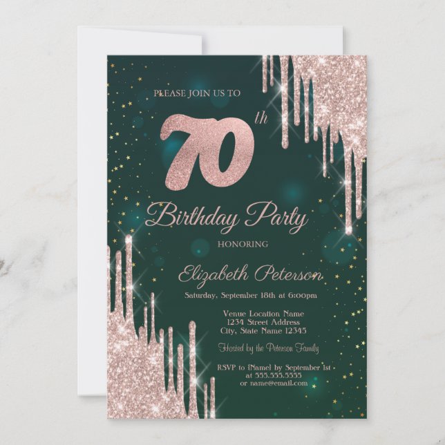 Rose Gold Glitter Drips Green 70th Birthday  Invitation (Front)