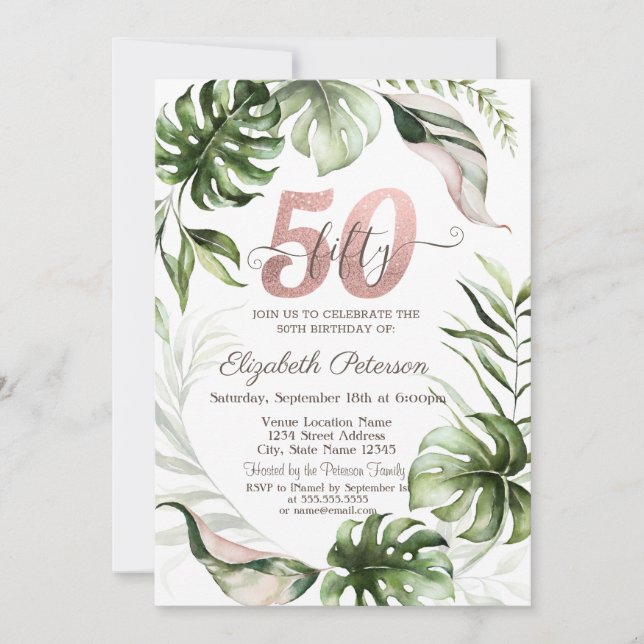  Rose Gold Glitter Drips Leaves 50th Birthday  Invitation (Front)