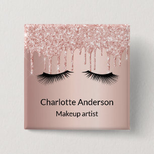 Rose gold glitter drips makeup artist name tag 15 cm square badge