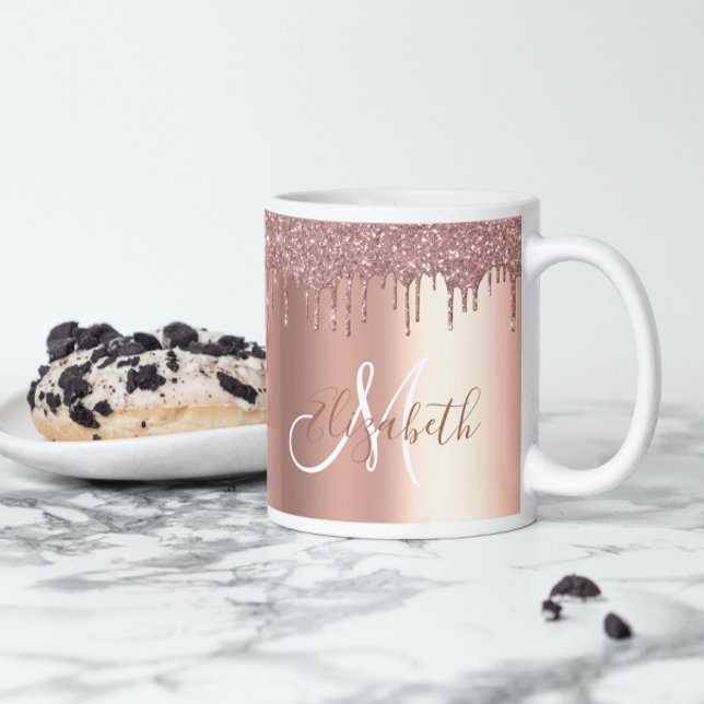Rose Gold Glitter Drips Metal Monogram Coffee Mug (Creator Uploaded)