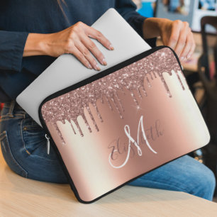 Rose Gold Glitter Drips Metal Monogram Trendy Laptop Sleeve