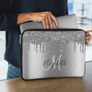 Rose Gold Glitter Drips Metal  Monogram Trendy  Laptop Sleeve