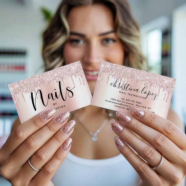 Rose gold glitter drips metallic elegant nails business card (Rose gold glitter drips metallic elegant nails)