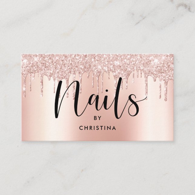 Rose gold glitter drips metallic elegant nails business card (Front)