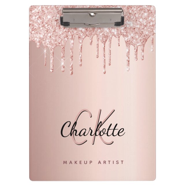 Rose gold glitter drips monogram business  clipboard (Front)