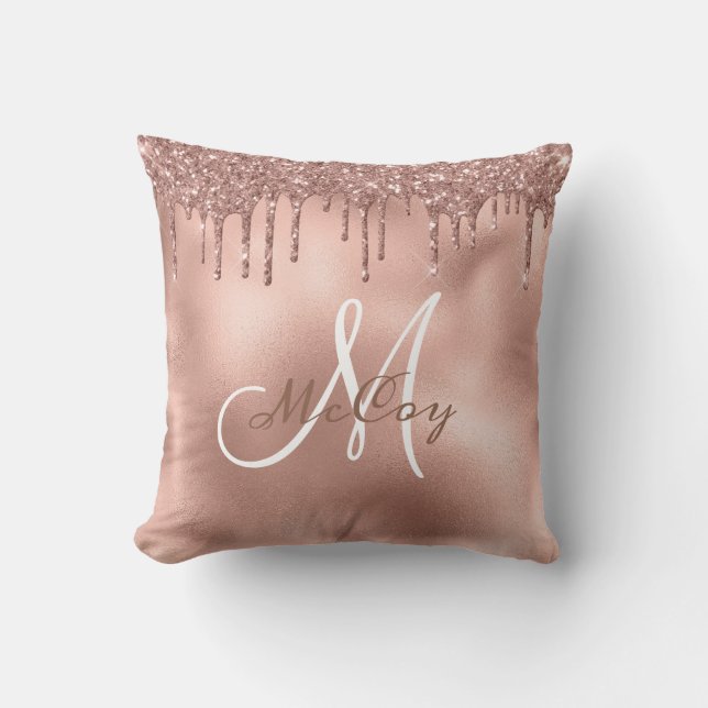 Rose Gold Glitter Drips Monogram Family Name Cushion (Front)