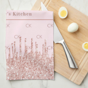 Rose gold glitter drips monogram initials name tea towel