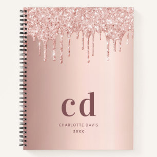 Rose gold glitter drips monogram initials notebook