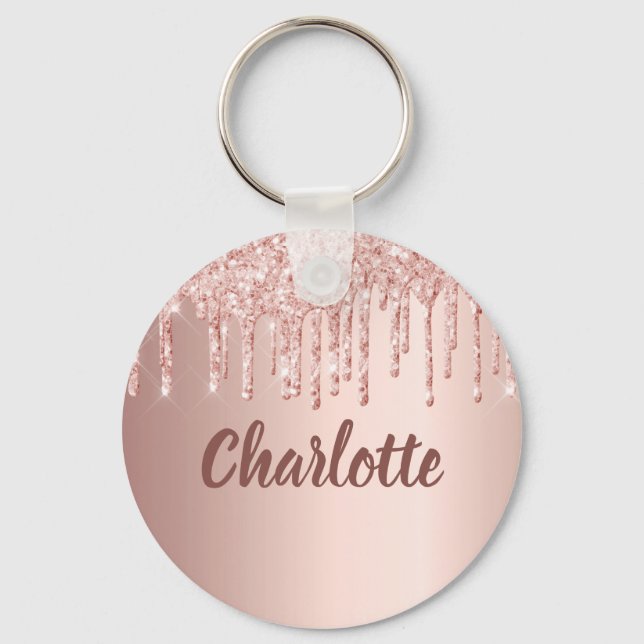 Rose gold glitter drips monogram key ring (Front)