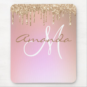 Rose Gold Glitter Drips Monogram Mouse Pad