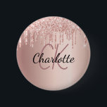 Rose gold glitter drips monogram name 6 cm round badge<br><div class="desc">A rose gold faux metallic looking background decorated with faux glitter drips,  paint dripping look.  Personalise and add a name,  your monogram initials.</div>