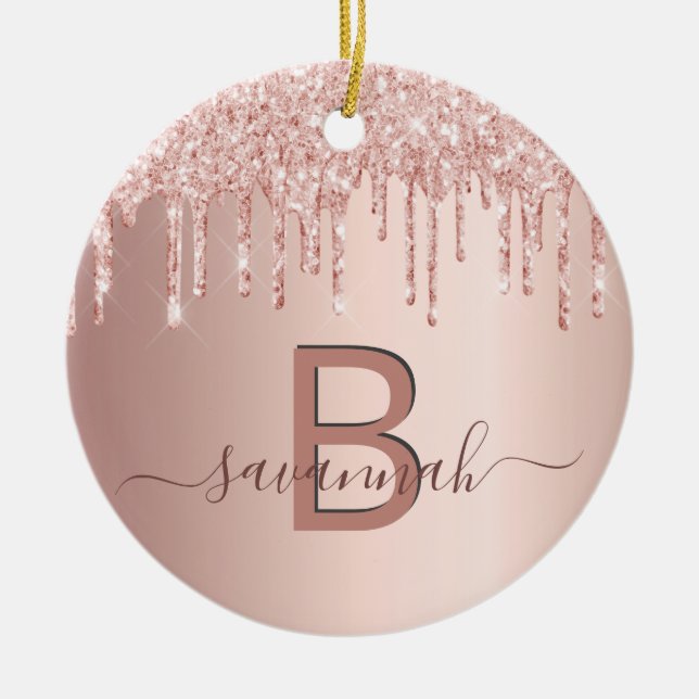Rose gold glitter drips monogram name ceramic tree decoration (Front)