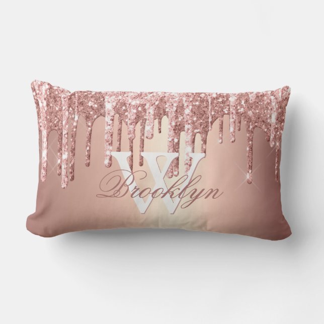Rose Gold Glitter Drips Monogram Name  Lumbar Cushion (Front)